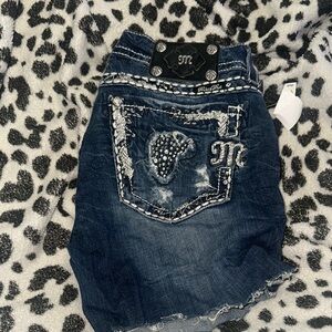 Miss Me Dark Blue Denim Shorts with Rhinestones